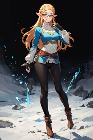 aazelda, super long hair, hair cascading to the thighs, square haircut, pointy ears, blue shirt, long sleeves, fingerless gloves, black gloves, black pants, tight pants, blue nails, looking at the camera smile, blushing, black clear-rimmed glasses, high boots, full body picture 