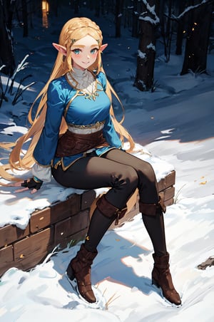 aazelda, super long hair, hair cascading to the waist, square haircut, pointy ears, blue shirt, long sleeves, fingerless gloves, black gloves, black pants, tight pants, blue nails, looking at the camera smile, blushing, high boots, full body picture 