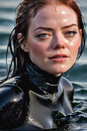 Emma Stone, emerging from the water. Her head and shoulders are visible above the surface of water. She looks scared and sad, her black turtleneck top wet and clinging to her, with water droplets sparkling around her. She is gasping for air. She is in the middle of a cold ocean and splashes from her emergence, fully drenched, dripping wet, wet hair, face wet, face drenched