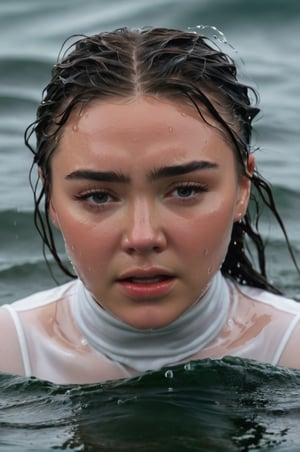 Florence Pugh, emerging from the water. Her head and shoulders are visible above the surface of water. She looks panicked and disoriented, her white turtleneck top wet and clinging to her, with water droplets sparkling around her. She is screaming for help. She is in the middle of a cold ocean and splashes from her emergence, fully drenched, dripping wet, wet hair, face wet, face drenched, ultra detailed face. 