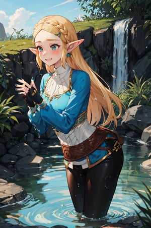 aazelda, very long hair, pointy ears, blue shirt, long sleeves, fingerless gloves, black gloves, black pants, tight pants, completely soaked wet, soakingwetclothes, dripping wet, wet hair, embarrassed facial expression, blue nails, swimming, looking at the camera, embarassed smile, blushing, playing with hair