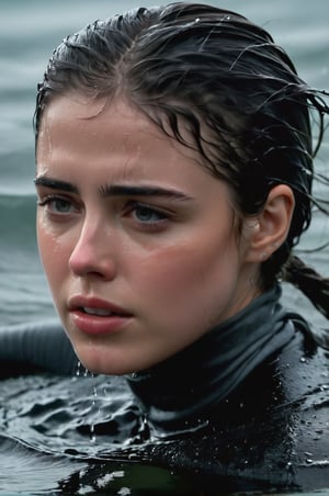 Margaret Qualley, emerging from the water. Her head and shoulders are visible above the surface of water. She looks scared and sad, her dark grey turtleneck top wet and clinging to her, with water droplets sparkling around her. She is in the middle of a cold ocean and splashes from her emergence, fully drenched, dripping wet, wet hair, face wet, face drenched