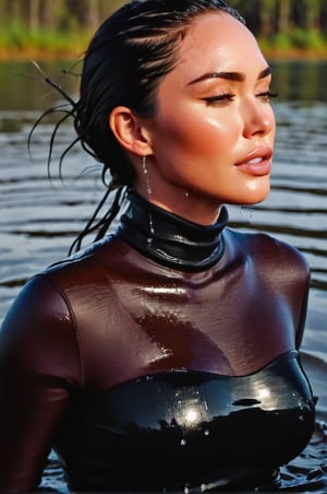 Megan Fox, emerging from the water. Her head and shoulders are visible above the surface of water. She look relaxed and liberated, her dark brown turtleneck top wet and clinging to her, with water droplets sparkling around her. She has her eyes closed, enjoying the moment. Her wet hair are slicked back and clinging to her head. She is in the middle of a big lake and splashes from her emergence, fully drenched, dripping wet, face wet, face drenched, hyper realistic