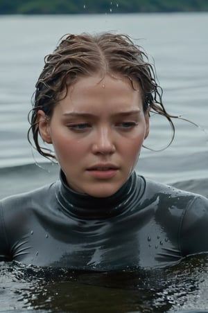 Léa Seydoux, emerging from the water. Her head and shoulders are visible above the surface of water. She looks scared and exhausted, her dark grey turtleneck top wet and clinging to her, with water droplets sparkling around her. She is in the middle of a cold ocean and splashes from her emergence, fully drenched, dripping wet, wet hair, face wet, face drenched