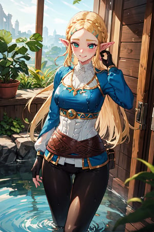 aazelda, super long hair, hair down to the thighs, pointy ears, blue shirt, long sleeves, fingerless gloves, black gloves, black pants, tight pants, completely soaked wet, soakingwetclothes, dripping wet, wet hair, looking at the camera, embarassed smile, blushing, playing with hair, laying in a bath