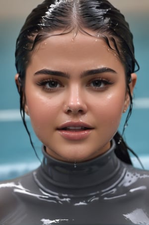 Selena Gomez, emerging from the water. Her head and shoulders are visible above the surface of water. She looks surprised but smiling, her dark grey turtleneck top wet and clinging to her, with water droplets sparkling around her. She is in the middle of an indoor pool and splashes from her emergence, fully drenched, dripping wet, wet hair, face wet, face drenched