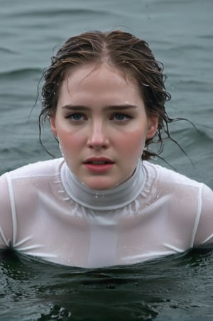 Elizabeth Lail, emerging from the water. Her head and shoulders are visible above the surface of water. She looks scared and sad, her white turtleneck top wet and clinging to her, with water droplets sparkling around her. She is in the middle of a cold ocean and splashes from her emergence, fully drenched, dripping wet, wet hair, face wet, face drenched