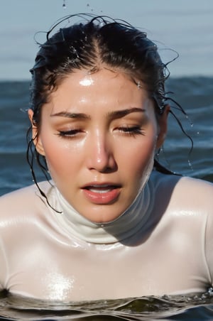 Dichen Lachman, emerging from the water. Her head and shoulders are visible above the surface of water. She looks panicked and disoriented, her white turtleneck top wet and clinging to her, with water droplets sparkling around her. She is screaming for help. She is in the middle of a cold ocean and splashes from her emergence, fully drenched, dripping wet, wet hair, face wet, face drenched