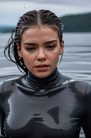 Hailee Steinfeld, emerging from the water. Her head and shoulders are visible above the surface of water. She looks scared and sad, her dark grey turtleneck top wet and clinging to her, with water droplets sparkling around her. She is gasping for air. She is in the middle of a cold ocean and splashes from her emergence, fully drenched, dripping wet, wet hair, face wet, face drenched