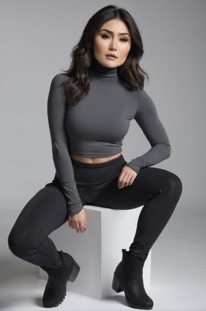 Daniella Pineda, posing for a photoshooting, wearing a dark grey turtleneck long sleeve tight top and a black sport legging, mid calf boots, long hair, black hair, model body posture, sexy facial expression