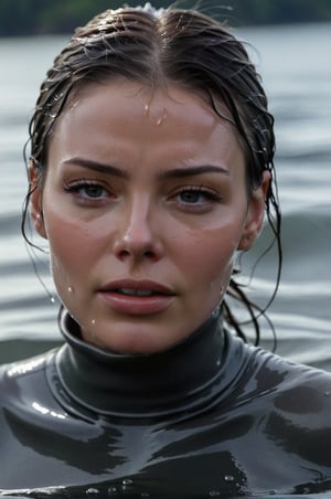 Lauren German, emerging from the water. Her head and shoulders are visible above the surface of water. She looks scared and sad, her dark grey turtleneck top wet and clinging to her, with water droplets sparkling around her. She is gasping for air. She is in the middle of a hot sea and splashes from her emergence, fully drenched, dripping wet, wet hair, face wet, face drenched