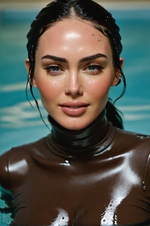 Megan Fox, emerging from the water. Her head and shoulders are visible above the surface of water. She looks relaxed and smiling, her dark brown turtleneck top wet and clinging to her, with water droplets sparkling around her. She is in the middle of an indoor pool and splashes from her emergence, fully drenched, dripping wet, wet hair, face wet, face drenched, hyper realistic