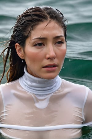 Dichen Lachman, emerging from the water. Her head and shoulders are visible above the surface of water. She looks scared and sad, her white turtleneck top wet and clinging to her, with water droplets sparkling around her. She is in the middle of a cold ocean and splashes from her emergence, fully drenched, dripping wet, wet hair, face wet, face drenched