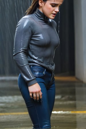 Emma Watson, under outdoor rain, in the street, full body soaked, wearing a dark grey turtleneck long sleeve top and a blue jeans, black high leather boots, fully drenched, dripping wet, wet hair, face wet, face drenched, worried facial expression, soaked clothes, fully body soaked