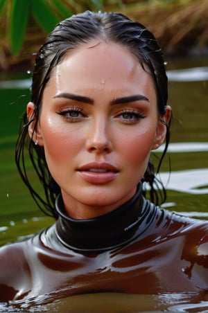 Megan Fox, emerging from the water. Her head and shoulders are visible above the surface of water. She look relaxed and liberated, her dark brown turtleneck top wet and clinging to her, with water droplets sparkling around her. She has her eyes closed, enjoying the moment. Her wet hair are slicked back and clinging to her head. She is in the middle of a lake and splashes from her emergence, fully drenched, dripping wet, face wet, face drenched, hyper realistic