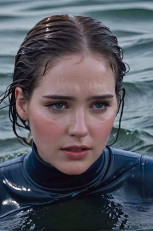 Elizabeth Lail, emerging from the water. Her head and shoulders are visible above the surface of water. She looks scared and sad, her dark blue turtleneck top wet and clinging to her, with water droplets sparkling around her. She is gasping for air. Her wet hair are slicked back and clinging to her head. She is in the middle of a cold ocean and splashes from her emergence, fully drenched, dripping wet, face wet, face drenched, hyper realistic