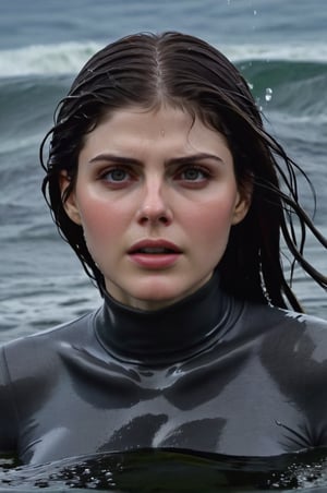 Alexandra Daddario, emerging from the water. Her head and shoulders are visible above the surface of water. She looks scared and sad, her dark grey turtleneck top wet and clinging to her, with water droplets sparkling around her. She is gasping for air. She is in the middle of a cold ocean and splashes from her emergence, fully drenched, dripping wet, wet hair, face wet, face drenched, hyper realistic