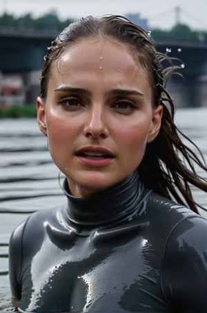 Natalie Portman, emerging from the water. Her head and shoulders are visible above the surface of water. She looks scared and sad, her dark grey turtleneck top wet and clinging to her, with water droplets sparkling around her. She is gasping for air. She is screaming for help. She is in the middle of a city river and splashes from her emergence, fully drenched, dripping wet, wet hair, face wet, face drenched, hyper realistic