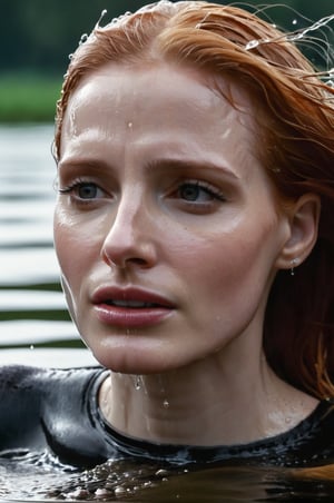 Jessica Chastain, emerging from the water. Her head and shoulders are visible above the surface of water. She looks scared and sad, her black turtleneck top wet and clinging to her, with water droplets sparkling around her. She is gasping for air. She is in the middle of a cold lake and splashes from her emergence, fully drenched, dripping wet, wet hair, face wet, face drenched