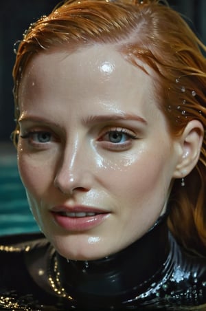 Jessica Chastain, emerging from the water. Her head and shoulders are visible above the surface of water. She looks surprised but smiling, her black turtleneck top wet and clinging to her, with water droplets sparkling around her. She is in the middle of an indoor pool and splashes from her emergence, fully drenched, dripping wet, wet hair, face wet, face drenched