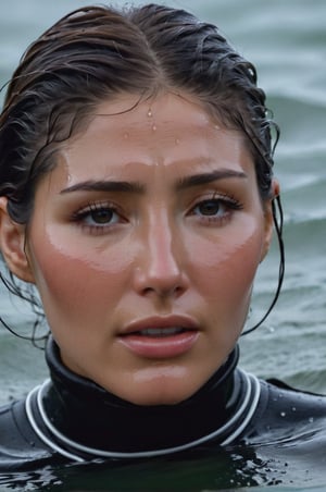 Dichen Lachman, emerging from the water. Her head and shoulders are visible above the surface of water. She looks scared and sad, her white turtleneck top wet and clinging to her, with water droplets sparkling around her. She is gasping for air. She is in the middle of a cold ocean and splashes from her emergence, fully drenched, dripping wet, wet hair, face wet, face drenched, hyper realistic