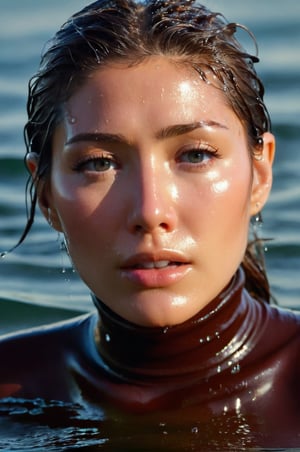 Dichen Lachman, emerging from the water. Her head and shoulders are visible above the surface of water. She looks panicked and confused, her white turtleneck top wet and clinging to her, with water droplets sparkling around her. She is in the middle of a cold ocean and splashes from her emergence, fully drenched, dripping wet, wet hair, face wet, face drenched, ultra detailed face. 