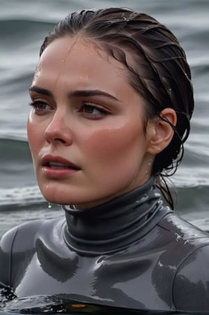 Keira Knigthley, emerging from the water. Her head and shoulders are visible above the surface of water. She looks scared and sad, her dark grey turtleneck top wet and clinging to her, with water droplets sparkling around her. She is gasping for air. Her wait hair is slicked back and clinging to her head. She is in the middle of a cold ocean and splashes from her emergence, fully drenched, dripping wet, face wet, face drenched, hyper realistic