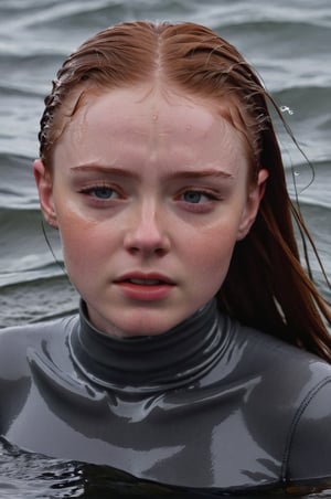 Sadie Sink, emerging from the water. Her head and shoulders are visible above the surface of water. She looks scared and sad, her dark grey turtleneck top wet and clinging to her, with water droplets sparkling around her. She is gasping for air. Her wait hair is slicked back and clinging to her head. She is in the middle of a cold ocean and splashes from her emergence, fully drenched, dripping wet, face wet, face drenched, hyper realistic