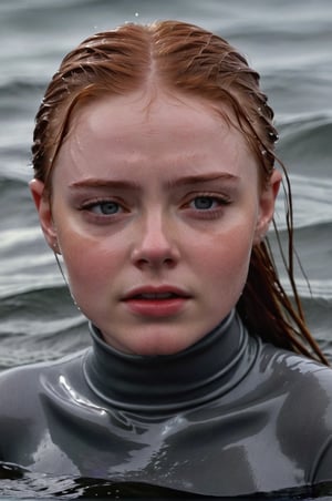 Sadie Sink, emerging from the water. Her head and shoulders are visible above the surface of water. She looks scared and sad, her dark grey turtleneck top wet and clinging to her, with water droplets sparkling around her. She is gasping for air. Her wait hair is slicked back and clinging to her head. She is in the middle of a cold ocean and splashes from her emergence, fully drenched, dripping wet, face wet, face drenched, hyper realistic