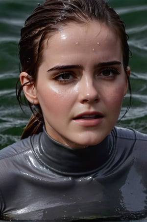 Emma Watson, emerging from the water. Her head and shoulders are visible above the surface of water. She looks scared and sad, her dark dark grey turtleneck top wet and clinging to her, with water droplets sparkling around her. She is gasping for air. She is in the middle of a cold ocean and splashes from her emergence, fully drenched, dripping wet, wet hair, face wet, face drenched, hyper realistic