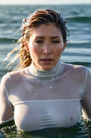 Dichen Lachman, emerging from the water. Her head and shoulders are visible above the surface of water. She looks scared and sad, her white turtleneck top wet and clinging to her, with water droplets sparkling around her. She is in the middle of a cold ocean and splashes from her emergence, fully drenched, dripping wet, wet hair, face wet, face drenched