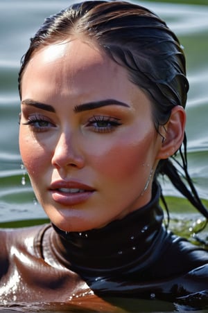 Megan Fox, emerging from the water. Her head and shoulders are visible above the surface of water. She look relaxed and liberated, her dark brown turtleneck top wet and clinging to her, with water droplets sparkling around her. She has her eyes closed, enjoying the moment. Her wet hair are slicked back and clinging to her head. She is in the middle of a lake and splashes from her emergence, fully drenched, dripping wet, face wet, face drenched, hyper realistic