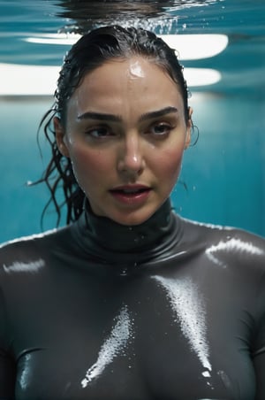 Gal Gadot, emerging from the water. Her head and shoulders are visible above the surface of water. She looks surprised but enjoyed, her dark grey turtleneck top wet and clinging to her, with water droplets sparkling around her. She is in the middle of an indoor pool and splashes from her emergence, fully drenched, dripping wet, wet hair, face wet, face drenched