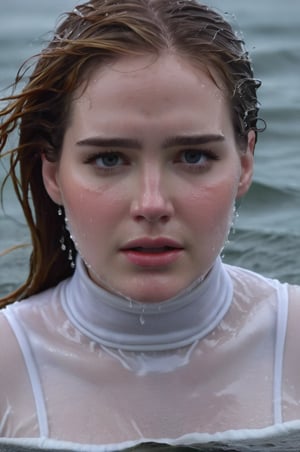 Elizabeth Lail, emerging from the water. Her head and shoulders are visible above the surface of water. She looks scared and sad, her white turtleneck top wet and clinging to her, with water droplets sparkling around her. She is in the middle of a cold ocean and splashes from her emergence, fully drenched, dripping wet, wet hair, face wet, face drenched