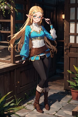 aazelda, super long hair, hair cascading to the waist, pointy ears, blue shirt, long sleeves, fingerless gloves, black gloves, black pants, tight pants, blue nails, looking at the camera smile, blushing, black clear-rimmed glasses, high boots, full body picture 