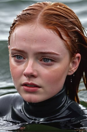 Sadie Sink, emerging from the water. Her head and shoulders are visible above the surface of water. She looks scared and sad, her dark grey turtleneck top wet and clinging to her, with water droplets sparkling around her. She is gasping for air. Her wait hair is slicked back and clinging to her head. She is in the middle of a cold ocean and splashes from her emergence, fully drenched, dripping wet, face wet, face drenched, hyper realistic