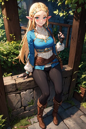 aazelda, super long hair, hair down to her thighs, pointy ears, blue shirt, long sleeves, fingerless gloves, black gloves, black pants, tight pants, blue nails, looking at the camera smile, blushing, high boots, full body picture 