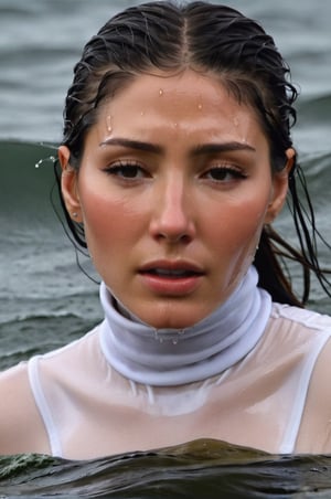 Dichen Lachman, emerging from the water. Her head and shoulders are visible above the surface of water. She looks scared and sad, her dark white turtleneck top wet and clinging to her, with water droplets sparkling around her. She is gasping for air. She is in the middle of a cold ocean and splashes from her emergence, fully drenched, dripping wet, wet hair, face wet, face drenched, hyper realistic