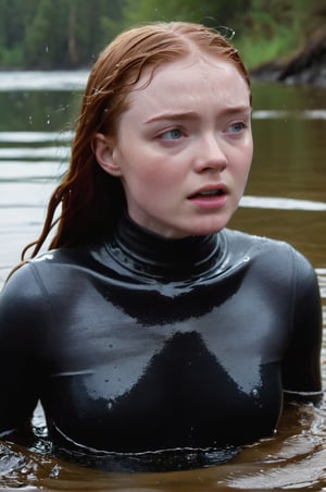 Sadie Sink, emerging from the water. Her head and shoulders are visible above the surface of water. She looks scared and sad, her dark grey turtleneck top wet and clinging to her, with water droplets sparkling around her. She is gasping for air. She is screaming for help. She is in the middle of an underground river and splashes from her emergence, fully drenched, dripping wet, wet hair, face wet, face drenched