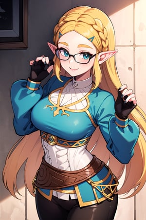 aazelda, super long large hair, hair cascading to waist, pointy ears, blue shirt, long sleeves, fingerless gloves, black gloves, black pants, tight pants, black nails, looking at the camera smile, blushing, glasses on