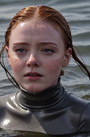 Sadie Sink, emerging from the water. Her head and shoulders are visible above the surface of water. She looks scared and sad, her dark grey turtleneck top wet and clinging to her, with water droplets sparkling around her. She is gasping for air. Her wait hair is slicked back and clinging to her head. She is in the middle of a cold ocean and splashes from her emergence, fully drenched, dripping wet, face wet, face drenched, hyper realistic