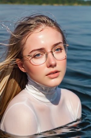 A young woman, 18 years old, a smooth, oval face with soft features, fair skin, almond eyes, blue eyes, glasses on, blonde hair, super long hair, hair floating aroud her, perfect eyes, emerging from the water. Her head and shoulders are visible above the surface of water. She looks panicked and sad, her white turtleneck top wet and clinging to her, with water droplets sparkling around her. She is gasping for air. She is in the middle of a cold ocean and splashes from her emergence,fully drenched, dripping wet, wet hair, face wet, face drenched