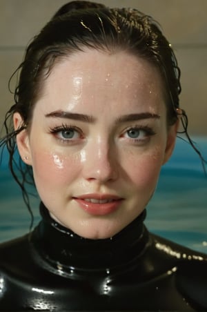 Anna Popplewell, emerging from the water. Her head and shoulders are visible above the surface of water. She looks surprised but smiling, her black turtleneck top wet and clinging to her, with water droplets sparkling around her. She is in the middle of an indoor pool and splashes from her emergence, fully drenched, dripping wet, wet hair, face wet, face drenched, hyper realistic