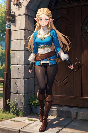 aazelda, super long hair, hair down to her thighs, pointy ears, blue shirt, long sleeves, fingerless gloves, black gloves, black pants, tight pants, blue nails, looking at the camera smile, blushing, high boots, full body picture 