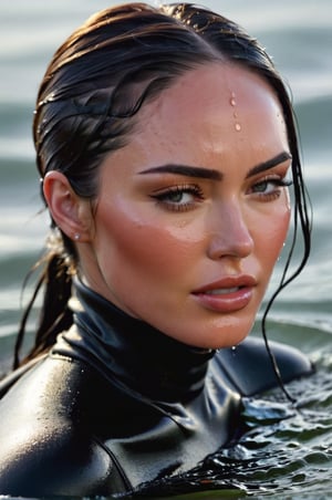 Megan Fox, emerging from the water. Her head and shoulders are visible above the surface of water. She look relaxed and liberated, her dark brown turtleneck top wet and clinging to her, with water droplets sparkling around her. She has her eyes closed, enjoying the moment. Her wet hair are slicked back and clinging to her head. She is in the middle of a big lake and splashes from her emergence, fully drenched, dripping wet, face wet, face drenched, hyper realistic