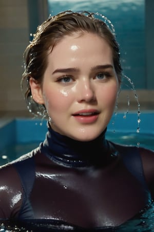 Elizabeth Lail, emerging from the water. Her head and shoulders are visible above the surface of water. She looks surprised but laughing, her dark blue turtleneck top wet and clinging to her, with water droplets sparkling around her. She is in the middle of an indoor pool and splashes from her emergence, fully drenched, dripping wet, wet hair, face wet, face drenched