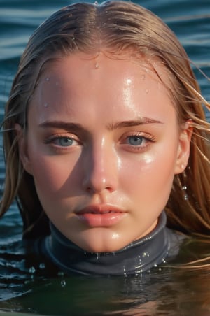 A young woman, 18 years old, a smooth, oval face with soft features, fair skin, almond eyes, blue eyes, glasses on, blonde hair, super long hair, hair floating aroud her, perfect eyes, emerging from the water. Her head and shoulders are visible above the surface of water. She looks scared and sad, her dark grey turtleneck top wet and clinging to her, with water droplets sparkling around her. She is gasping for air. She is in the middle of a cold ocean and splashes from her emergence,fully drenched, dripping wet, wet hair, face wet, face drenched