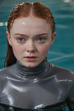 Sadie Sink, emerging from the water. Her head and shoulders are visible above the surface of water. She looks surprised but enjoyed, her dark grey turtleneck top wet and clinging to her, with water droplets sparkling around her. She is in the middle of an indoor pool and splashes from her emergence, fully drenched, dripping wet, wet hair, face wet, face drenched