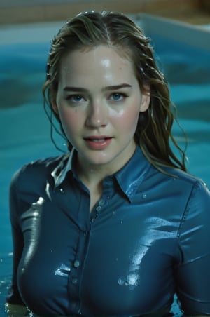 Elizabeth Lail, emerging from the water. Her head and shoulders are visible above the surface of water. She looks surprised but smiling, her blue satin shirt wet and clinging to her, with water droplets sparkling around her. She is in the middle of an indoor pool and splashes from her emergence, fully drenched, dripping wet, wet hair, face wet, face drenchedn hyper realistic