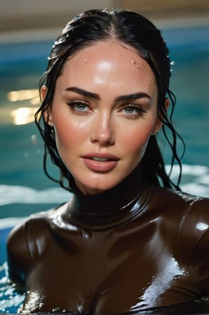 Megan Fox, emerging from the water. Her head and shoulders are visible above the surface of water. She looks surprised but smiling, her dark brown turtleneck top wet and clinging to her, with water droplets sparkling around her. She is in the middle of an indoor pool and splashes from her emergence, fully drenched, dripping wet, wet hair, face wet, face drenched, hyper realistic